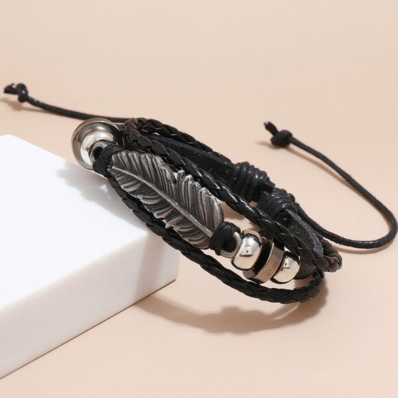 3/$35 Boho Brown Leather Feather Bracelet for Men or Women, Unisex Wristband - Picture 5 of 6